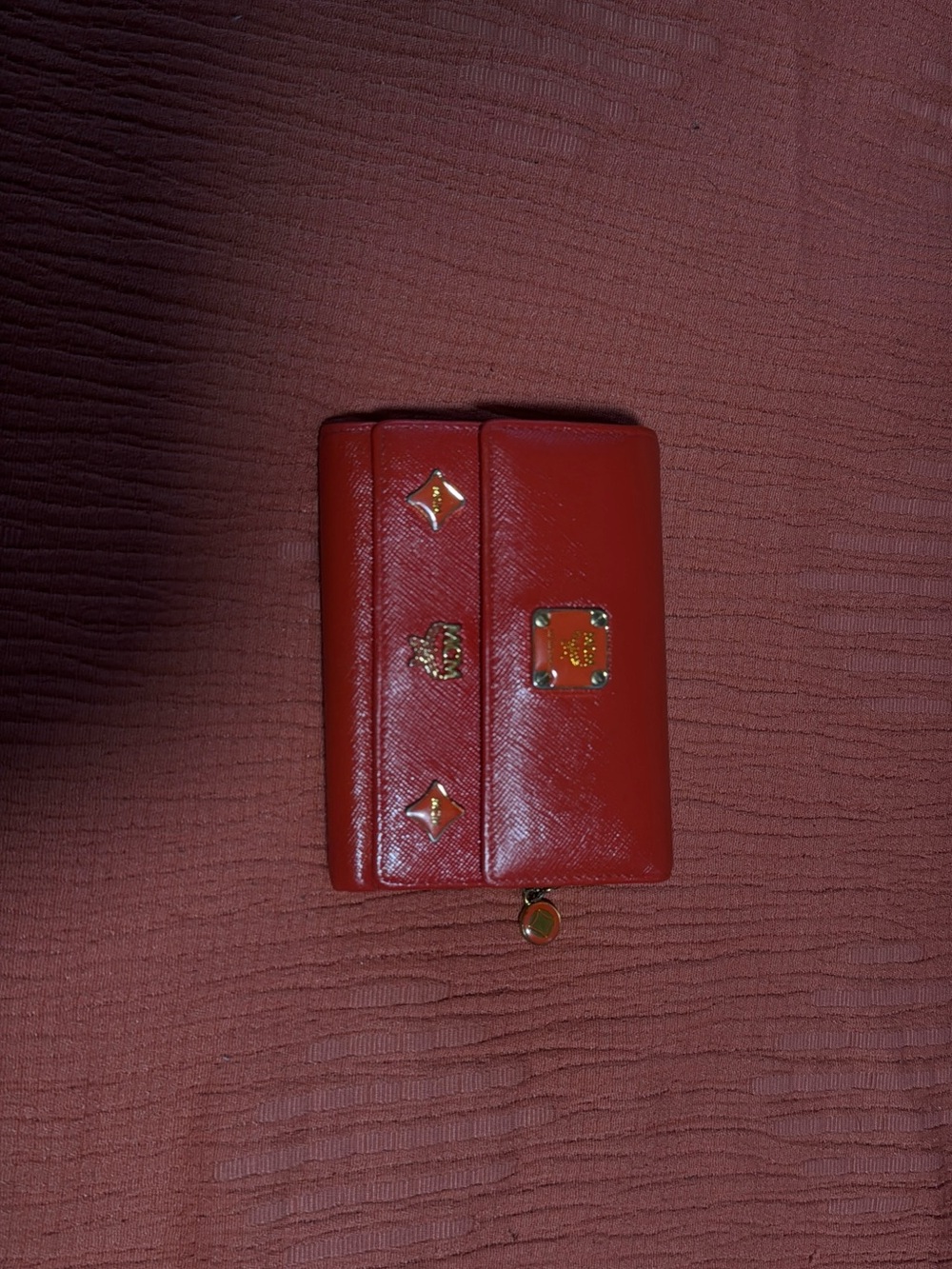 MCM Red Textured Leather Wallet with Gold Accent